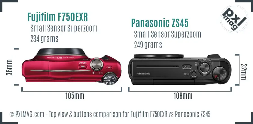 Fujifilm F750EXR vs Panasonic ZS45 top view buttons comparison