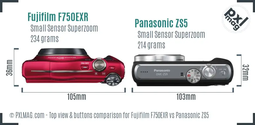 Fujifilm F750EXR vs Panasonic ZS5 top view buttons comparison Fujifilm F750EXR vs Panasonic ZS5 top view buttons comparison