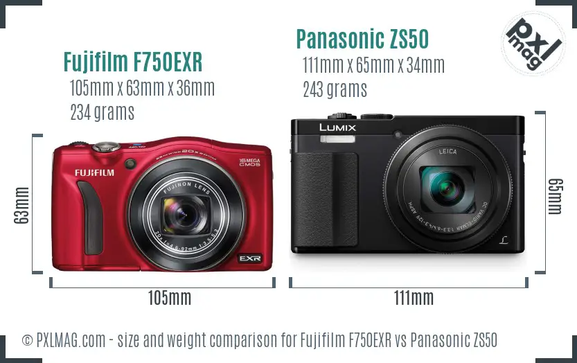 Fujifilm F750EXR vs Panasonic ZS50 size comparison