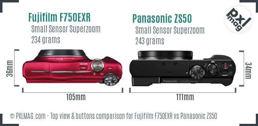 Fujifilm F750EXR vs Panasonic ZS50 top view buttons comparison