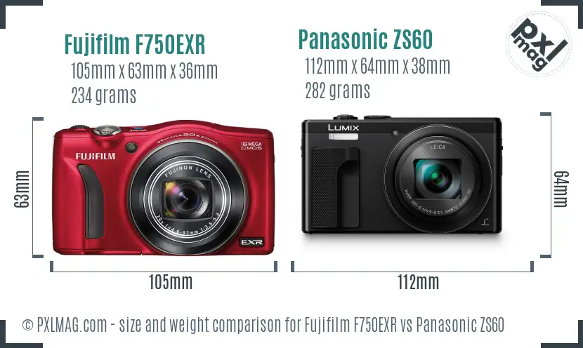 Fujifilm F750EXR vs Panasonic ZS60 size comparison