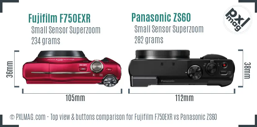 Fujifilm F750EXR vs Panasonic ZS60 top view buttons comparison