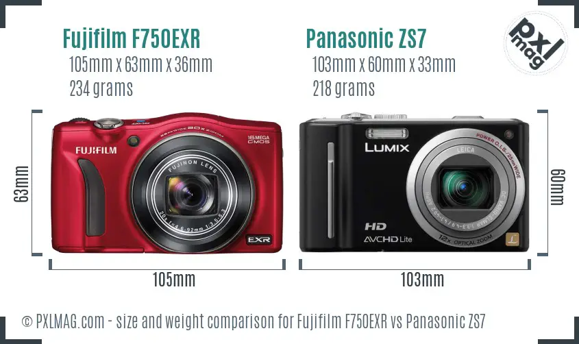Fujifilm F750EXR vs Panasonic ZS7 size comparison