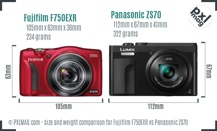 Fujifilm F750EXR vs Panasonic ZS70 size comparison