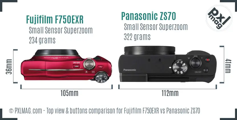 Fujifilm F750EXR vs Panasonic ZS70 top view buttons comparison