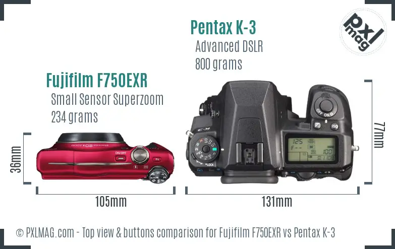 Fujifilm F750EXR vs Pentax K-3 top view buttons comparison