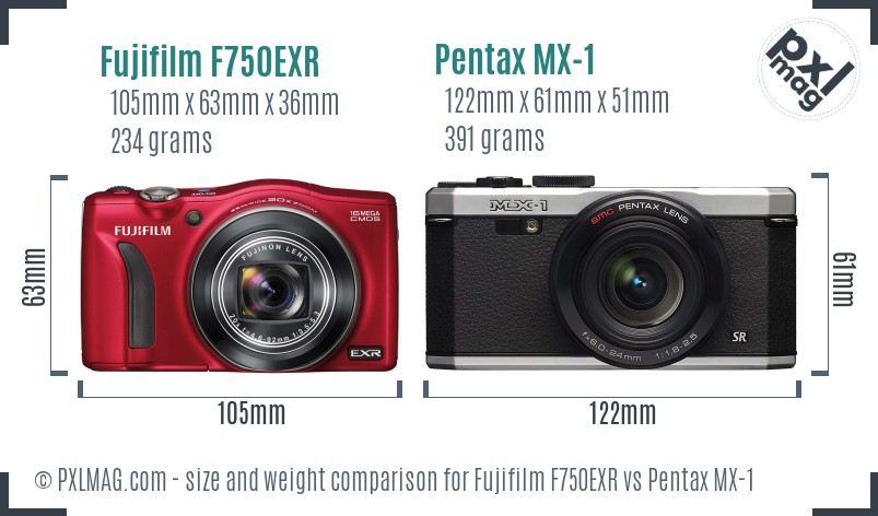Fujifilm F750EXR vs Pentax MX-1 size comparison