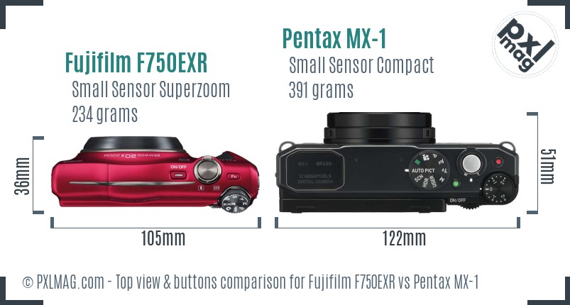 Fujifilm F750EXR vs Pentax MX-1 top view buttons comparison