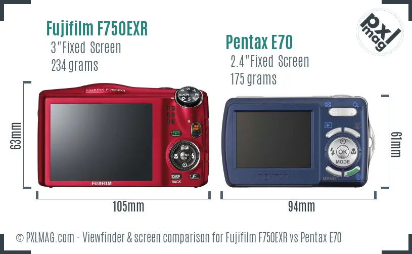 Fujifilm F750EXR vs Pentax E70 Screen and Viewfinder comparison