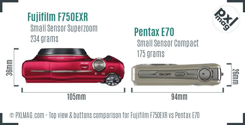 Fujifilm F750EXR vs Pentax E70 top view buttons comparison