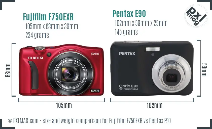 Fujifilm F750EXR vs Pentax E90 size comparison