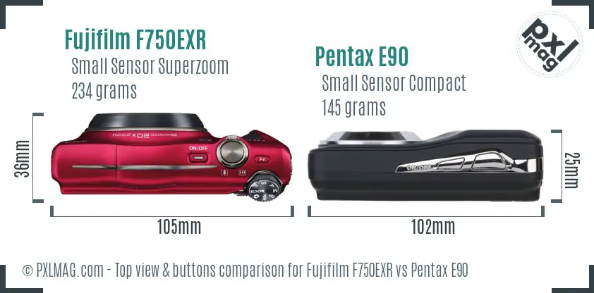 Fujifilm F750EXR vs Pentax E90 top view buttons comparison