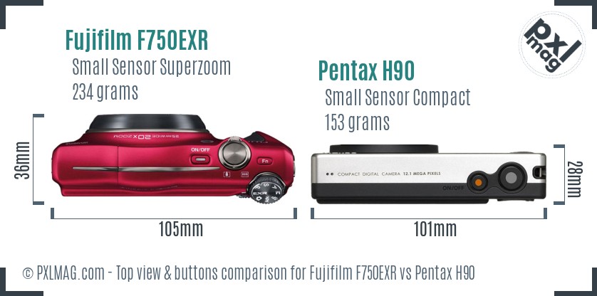 Fujifilm F750EXR vs Pentax H90 top view buttons comparison