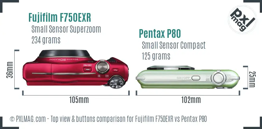 Fujifilm F750EXR vs Pentax P80 top view buttons comparison