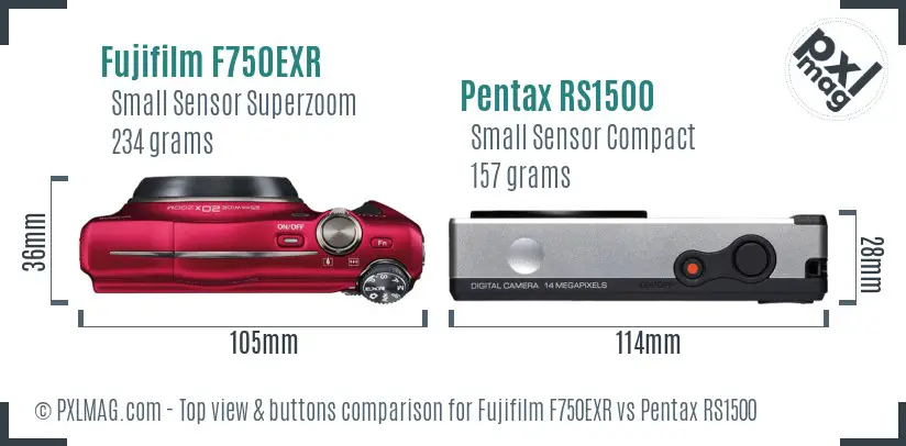 Fujifilm F750EXR vs Pentax RS1500 top view buttons comparison