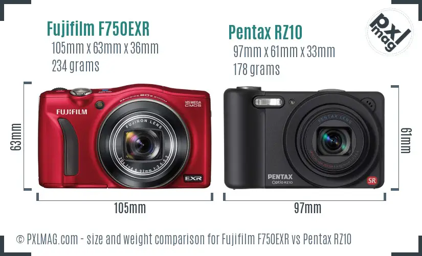 Fujifilm F750EXR vs Pentax RZ10 size comparison Fujifilm F750EXR vs Pentax RZ10 size comparison