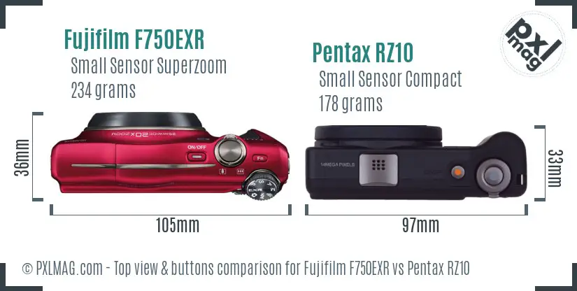 Fujifilm F750EXR vs Pentax RZ10 top view buttons comparison Fujifilm F750EXR vs Pentax RZ10 top view buttons comparison