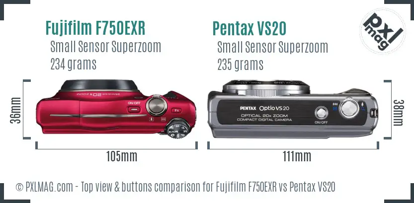 Fujifilm F750EXR vs Pentax VS20 top view buttons comparison