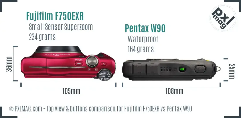 Fujifilm F750EXR vs Pentax W90 top view buttons comparison