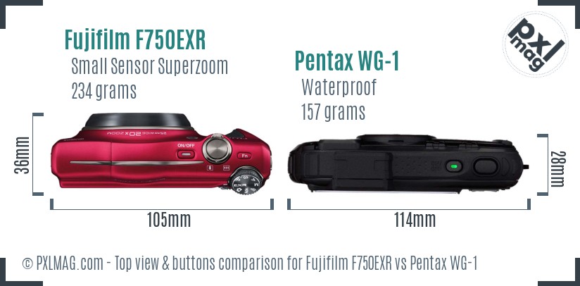 Fujifilm F750EXR vs Pentax WG-1 top view buttons comparison
