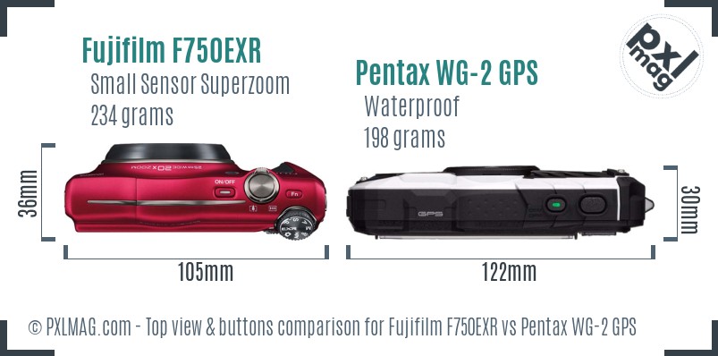 Fujifilm F750EXR vs Pentax WG-2 GPS top view buttons comparison