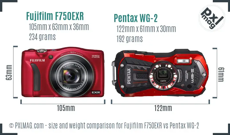 Fujifilm F750EXR vs Pentax WG-2 size comparison