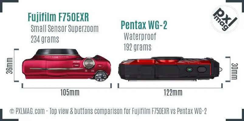 Fujifilm F750EXR vs Pentax WG-2 top view buttons comparison