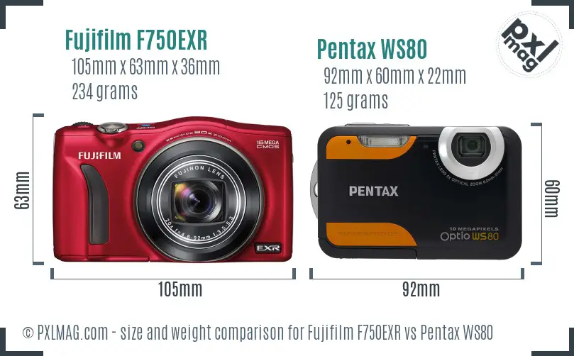 Fujifilm F750EXR vs Pentax WS80 size comparison