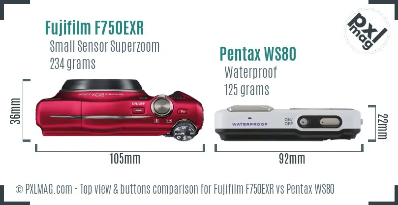 Fujifilm F750EXR vs Pentax WS80 top view buttons comparison