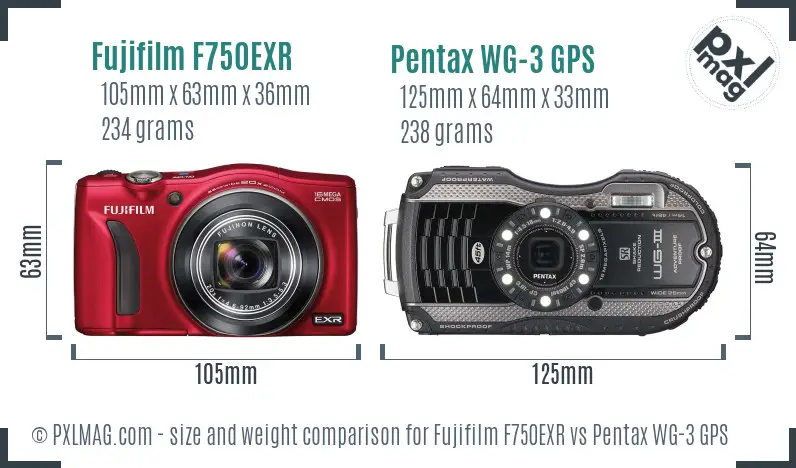 Fujifilm F750EXR vs Pentax WG-3 GPS size comparison