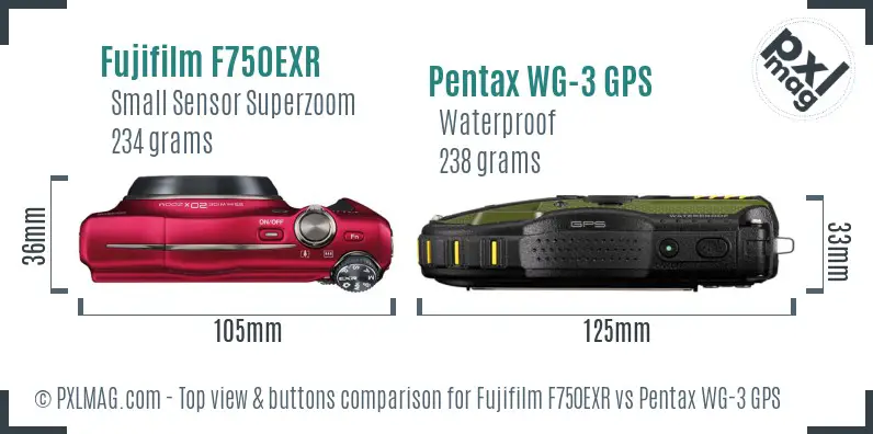 Fujifilm F750EXR vs Pentax WG-3 GPS top view buttons comparison