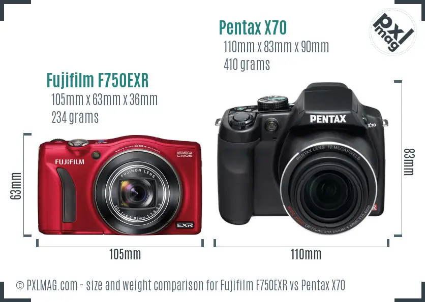 Fujifilm F750EXR vs Pentax X70 size comparison
