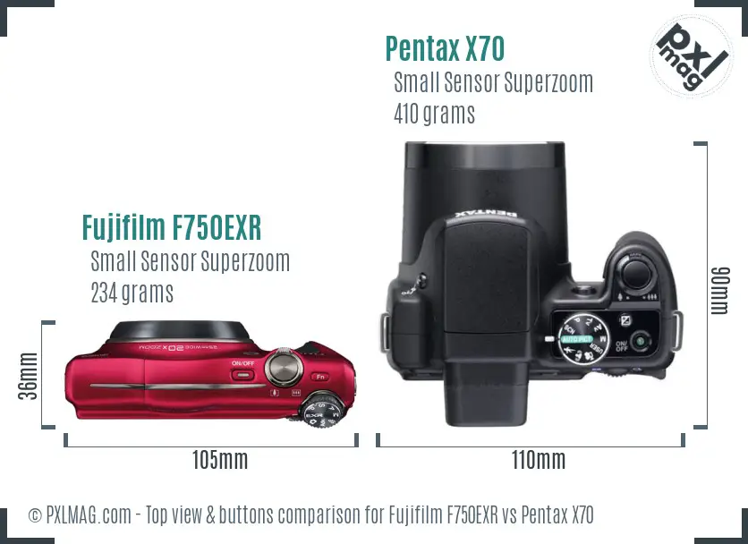 Fujifilm F750EXR vs Pentax X70 top view buttons comparison