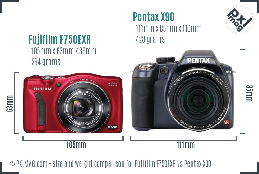 Fujifilm F750EXR vs Pentax X90 size comparison