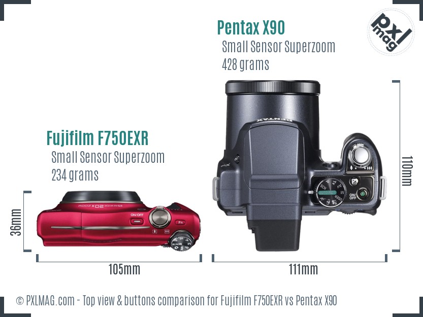 Fujifilm F750EXR vs Pentax X90 top view buttons comparison