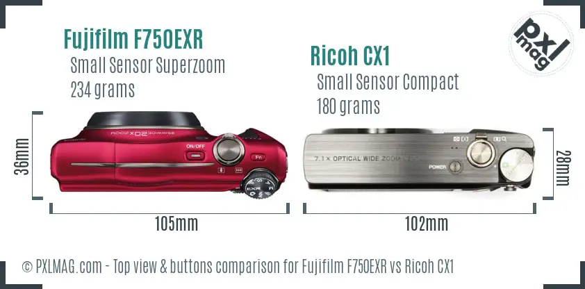 Fujifilm F750EXR vs Ricoh CX1 top view buttons comparison