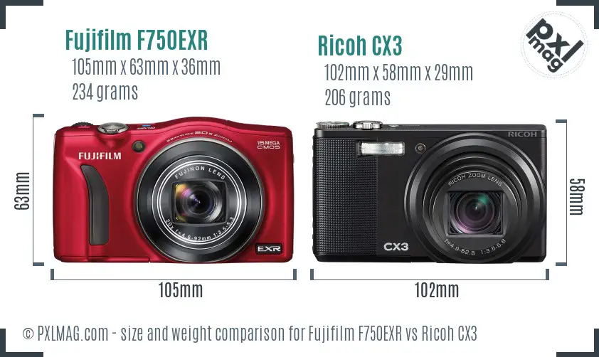 Fujifilm F750EXR vs Ricoh CX3 size comparison Fujifilm F750EXR vs Ricoh CX3 size comparison