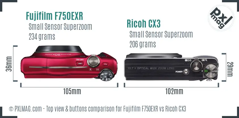 Fujifilm F750EXR vs Ricoh CX3 top view buttons comparison Fujifilm F750EXR vs Ricoh CX3 top view buttons comparison