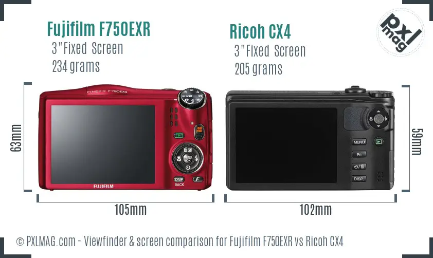 Fujifilm F750EXR vs Ricoh CX4 Screen and Viewfinder comparison