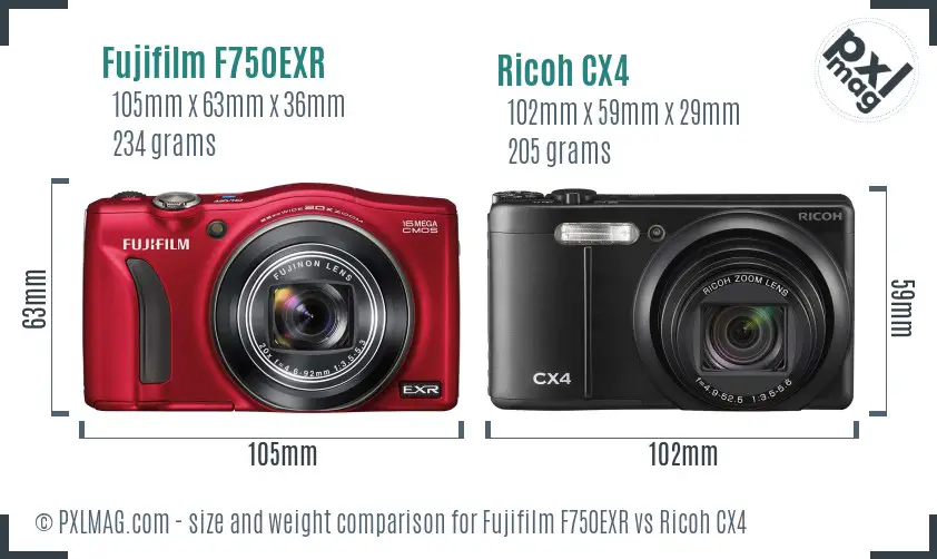 Fujifilm F750EXR vs Ricoh CX4 size comparison