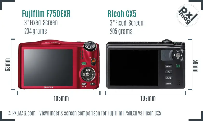 Fujifilm F750EXR vs Ricoh CX5 Screen and Viewfinder comparison