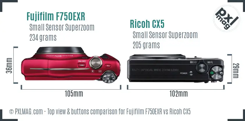 Fujifilm F750EXR vs Ricoh CX5 top view buttons comparison