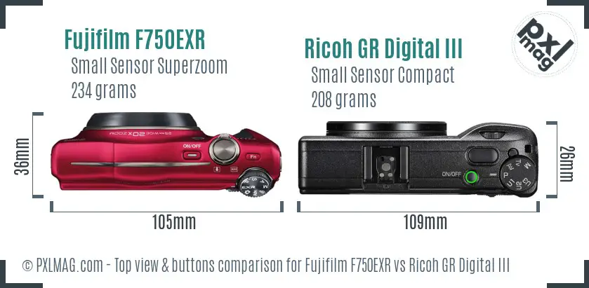 Fujifilm F750EXR vs Ricoh GR Digital III top view buttons comparison