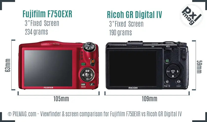 Fujifilm F750EXR vs Ricoh GR Digital IV Screen and Viewfinder comparison