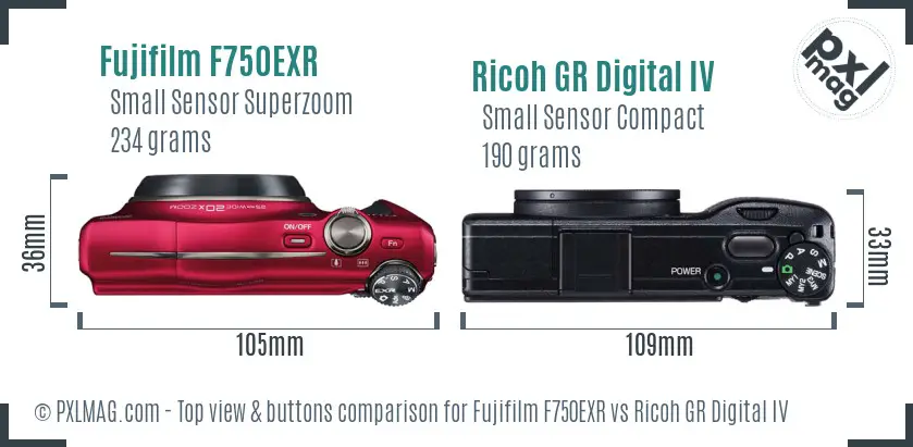 Fujifilm F750EXR vs Ricoh GR Digital IV top view buttons comparison