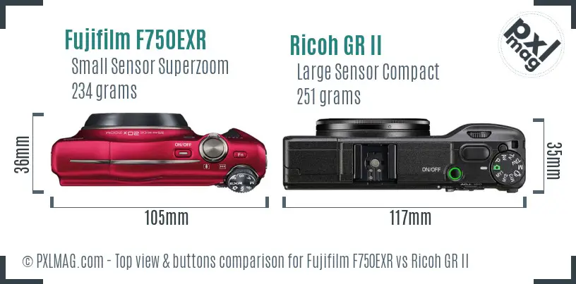 Fujifilm F750EXR vs Ricoh GR II top view buttons comparison Fujifilm F750EXR vs Ricoh GR II top view buttons comparison