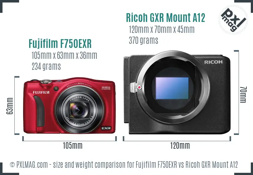 Fujifilm F750EXR vs Ricoh GXR Mount A12 size comparison