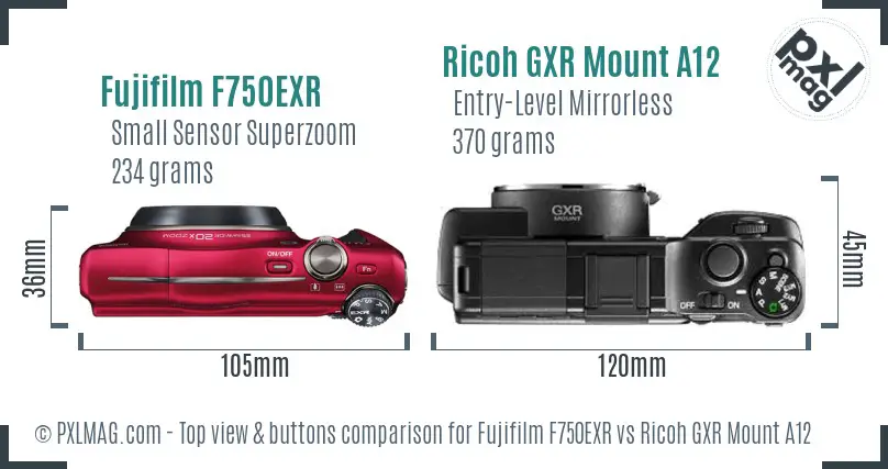 Fujifilm F750EXR vs Ricoh GXR Mount A12 top view buttons comparison