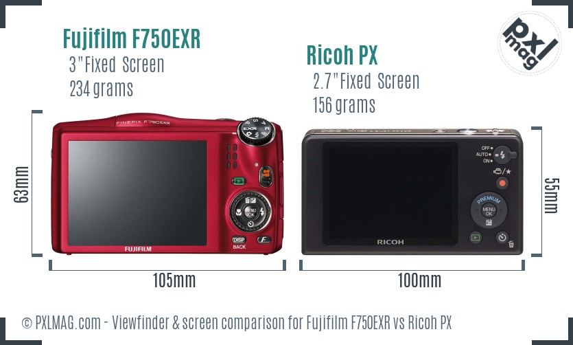 Fujifilm F750EXR vs Ricoh PX Screen and Viewfinder comparison