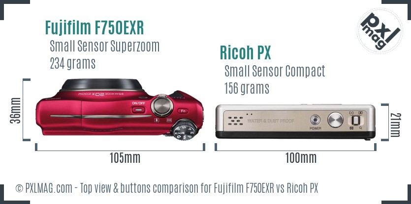 Fujifilm F750EXR vs Ricoh PX top view buttons comparison